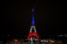Eiffel Towers, Colors Of the French Flag For The Victims Of November 13th 2015 Terrorist Attacks. FC