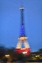 Eiffel Towers, Colors Of the French Flag For The Victims Of November 13th 2015 Terrorist Attacks. FC