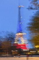 Eiffel Towers, Colors Of the French Flag For The Victims Of November 13th 2015 Terrorist Attacks. FC