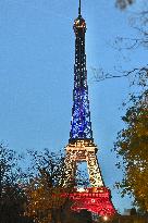 Eiffel Towers, Colors Of the French Flag For The Victims Of November 13th 2015 Terrorist Attacks. FC