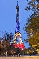 Eiffel Towers, Colors Of the French Flag For The Victims Of November 13th 2015 Terrorist Attacks. FC