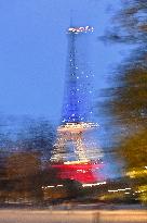 Eiffel Towers, Colors Of the French Flag For The Victims Of November 13th 2015 Terrorist Attacks. FC