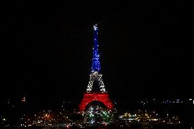 Eiffel Towers, Colors Of the French Flag For The Victims Of November 13th 2015 Terrorist Attacks. FC