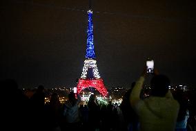 Eiffel Towers, Colors Of the French Flag For The Victims Of November 13th 2015 Terrorist Attacks. FC