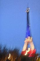 Eiffel Towers, Colors Of the French Flag For The Victims Of November 13th 2015 Terrorist Attacks. FC