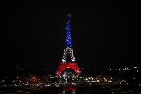 Eiffel Towers, Colors Of the French Flag For The Victims Of November 13th 2015 Terrorist Attacks. FC