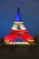 Eiffel Towers, Colors Of the French Flag For The Victims Of November 13th 2015 Terrorist Attacks. FC