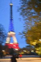 Eiffel Towers, Colors Of the French Flag For The Victims Of November 13th 2015 Terrorist Attacks. FC