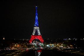 Eiffel Towers, Colors Of the French Flag For The Victims Of November 13th 2015 Terrorist Attacks. FC