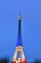 Eiffel Towers, Colors Of the French Flag For The Victims Of November 13th 2015 Terrorist Attacks. FC