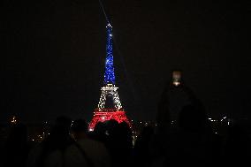 Eiffel Towers, Colors Of the French Flag For The Victims Of November 13th 2015 Terrorist Attacks. FC