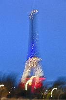 Eiffel Towers, Colors Of the French Flag For The Victims Of November 13th 2015 Terrorist Attacks. FC