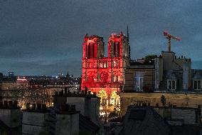 Notre Dame Lights Up In Red - Paris