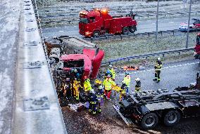 A truck fell off the overpass