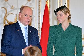 NO TABLOIDS - Prince Albert and Princess Charlene with Portuguese President during a Signing Ceremony - Monaco