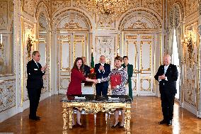 NO TABLOIDS - Prince Albert and Princess Charlene with Portuguese President during a Signing Ceremony - Monaco