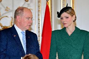 NO TABLOIDS - Prince Albert and Princess Charlene with Portuguese President during a Signing Ceremony - Monaco