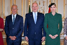 NO TABLOIDS - Prince Albert and Princess Charlene with Portuguese President during a Signing Ceremony - Monaco
