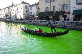 Extinction Rebellion Blitz Paints Navigli and Darsena Canals Green To Protest Against Climate Change - Italy