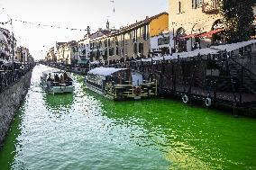Extinction Rebellion Blitz Paints Navigli and Darsena Canals Green To Protest Against Climate Change - Italy