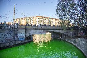 Extinction Rebellion Blitz Paints Navigli and Darsena Canals Green To Protest Against Climate Change - Italy