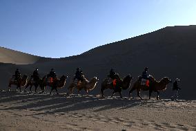 Tourists On Camels At Mingsha Mountain and Crescent Spring Scenic Area - China