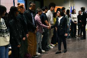 Rachida Dati and Edouard Geffray visit a cinema and a high school in Creteil near Paris FA