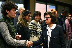 Rachida Dati and Edouard Geffray visit a cinema and a high school in Creteil near Paris FA