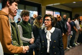 Rachida Dati and Edouard Geffray visit a cinema and a high school in Creteil near Paris FA
