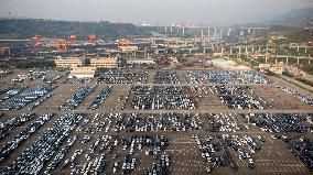New Energy Vehicles Parked in Liangjiang New Area in Chongqing