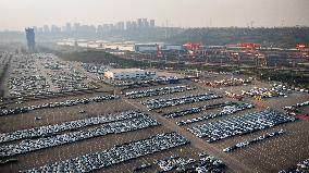 New Energy Vehicles Parked in Liangjiang New Area in Chongqing