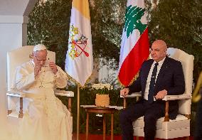 Pope Leo Xiv and Lebanon's President at A Valedictory Ceremony - Beirut