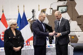 French Defence Minister and Croatia's Defence Minister visit the military defence system supplier KNDS - Versailles AJ