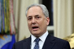 US President Donald J. Trump delivers remarks during a signing ceremony in the Oval Office