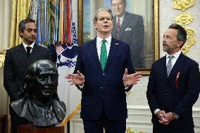 US President Donald J. Trump delivers remarks during a signing ceremony in the Oval Office