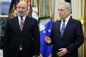 US President Donald J. Trump delivers remarks during a signing ceremony in the Oval Office