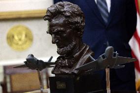 US President Donald J. Trump delivers remarks during a signing ceremony in the Oval Office