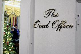 US President Donald J. Trump delivers remarks during a signing ceremony in the Oval Office