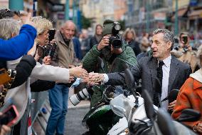 Nicolas Sarkozy And His Son On His Way To Book Signing - Menton