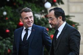 Emmanuel Macron welcomes Nikos Christodoulides at the Elysee FA