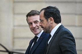 Emmanuel Macron welcomes Nikos Christodoulides at the Elysee FA