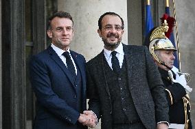Emmanuel Macron welcomes Nikos Christodoulides at the Elysee FA