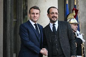 Emmanuel Macron welcomes Nikos Christodoulides at the Elysee FA