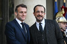 Emmanuel Macron welcomes Nikos Christodoulides at the Elysee FA