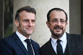 Emmanuel Macron welcomes Nikos Christodoulides at the Elysee FA