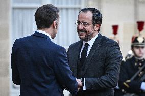 Emmanuel Macron welcomes Nikos Christodoulides at the Elysee FA