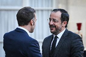 Emmanuel Macron welcomes Nikos Christodoulides at the Elysee FA