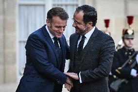 Emmanuel Macron welcomes Nikos Christodoulides at the Elysee FA