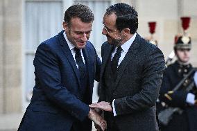 Emmanuel Macron welcomes Nikos Christodoulides at the Elysee FA