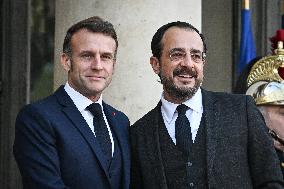 Emmanuel Macron welcomes Nikos Christodoulides at the Elysee FA